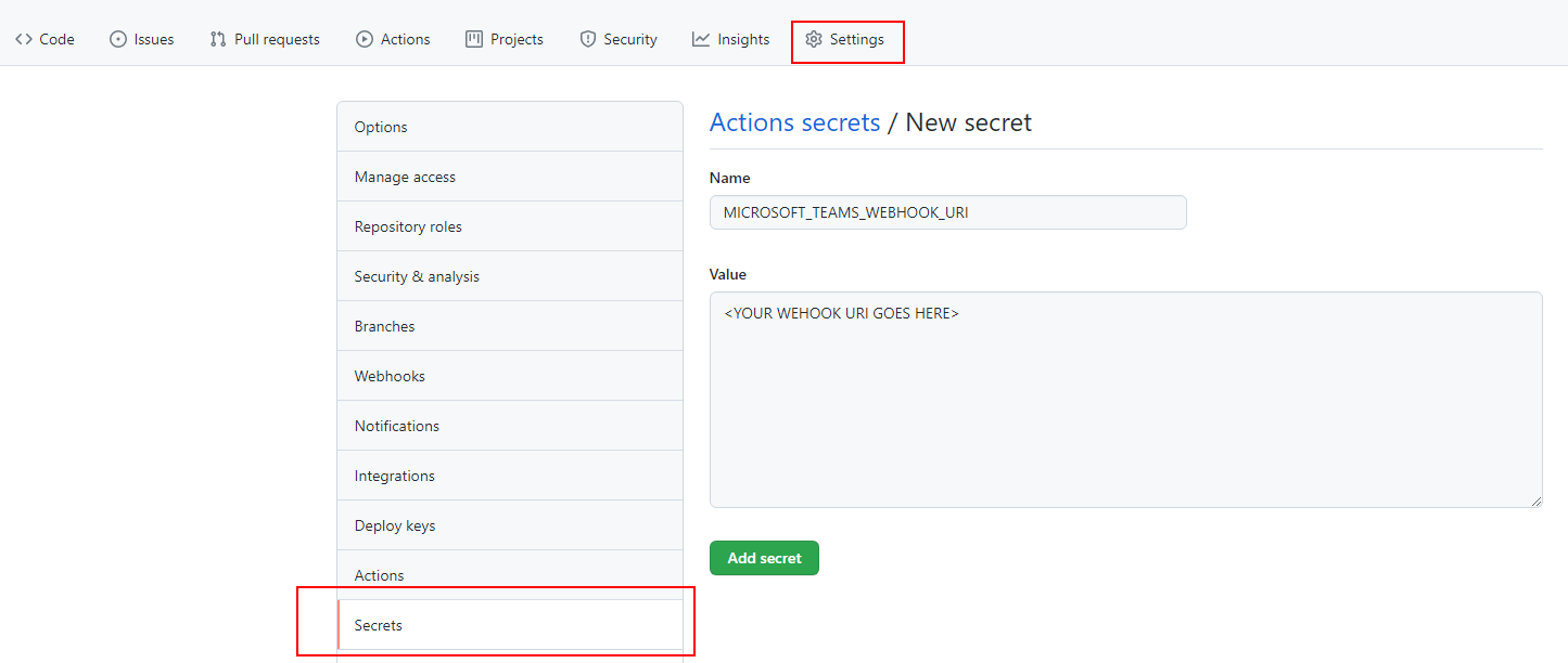 Adding the Webhook URL as secret